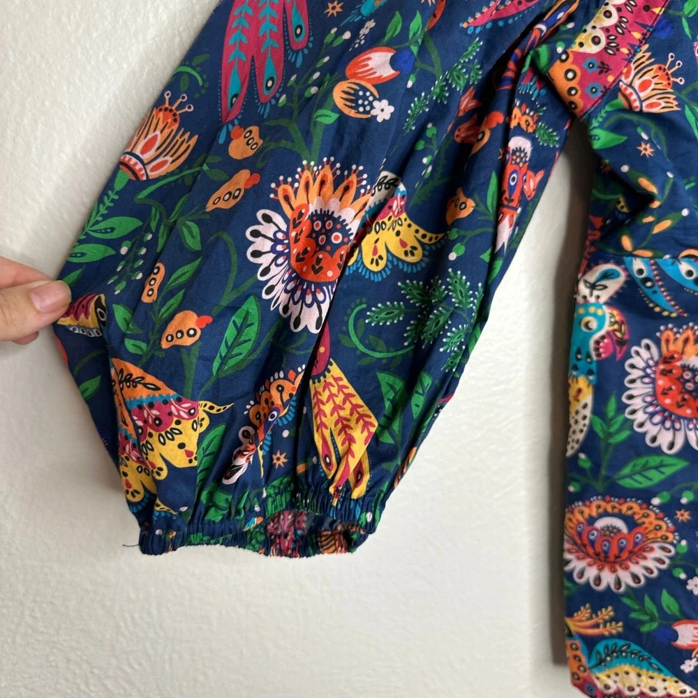 FARM Rio Tropical Birds Blouse NWOT Size XS Navy Blue Puff Sleeve Cotton Top